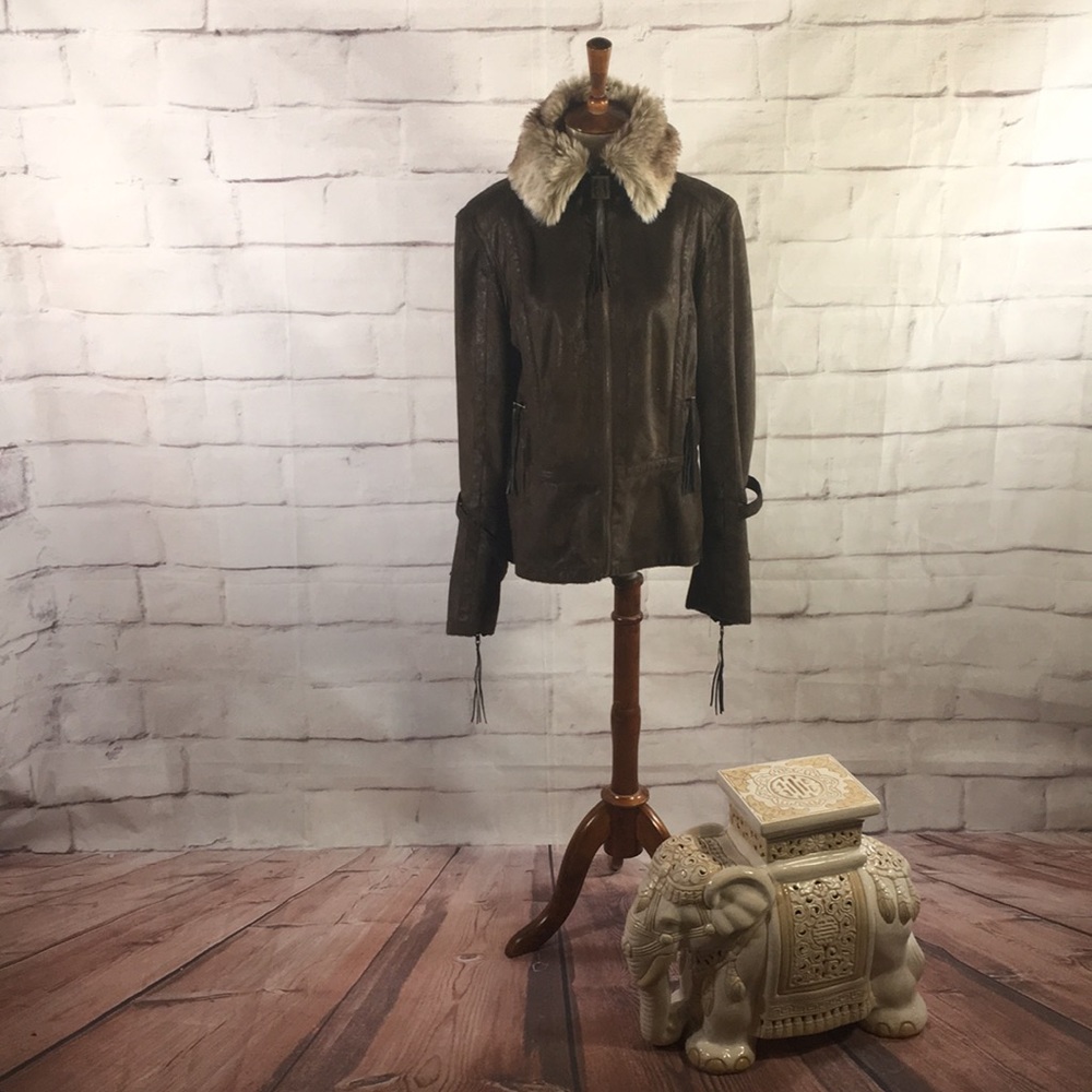 Women's Dark Brown Faux-Suede Jacket with Faux-Fur Collar